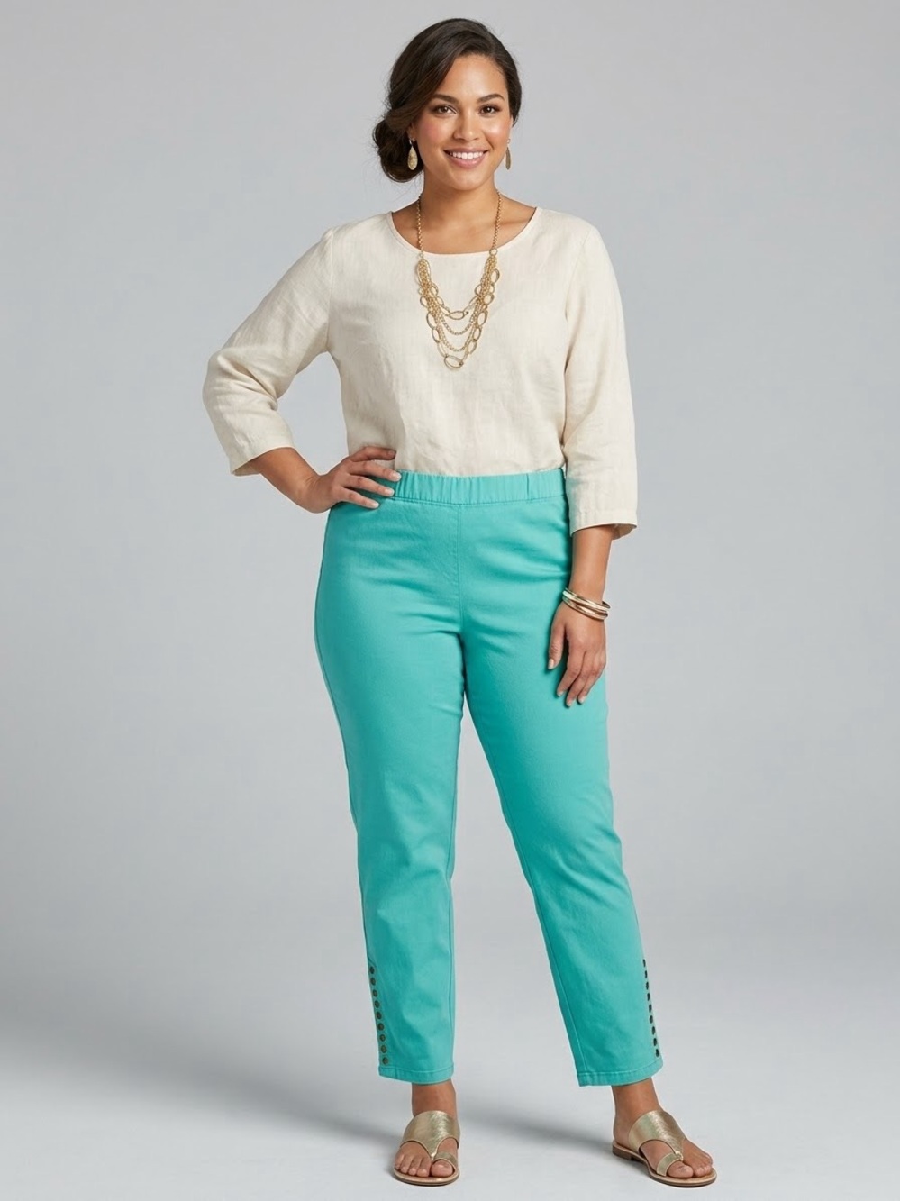 Soft Surroundings Teal Blue Snap Hem Crop Pants Women 1X/2X Elastic Waist